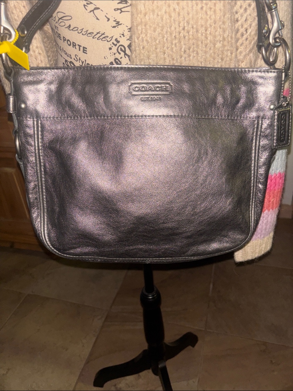 Coach Metallic Grey Leather Crossbody Bag with Shoulder Strap